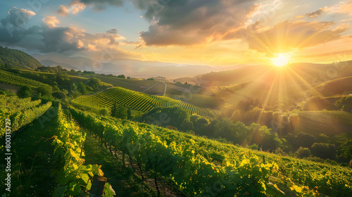 Panoramic view of beautiful vineyard landscape growing in rows for wine production with peaceful and serene