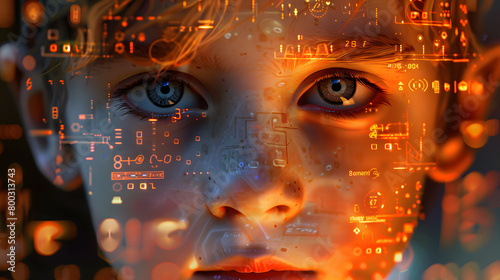 Closeup of the face and eyes of a young boy with blonde hair, surrounded by digital holographic data streams and code, creating a futuristic atmosphere photo