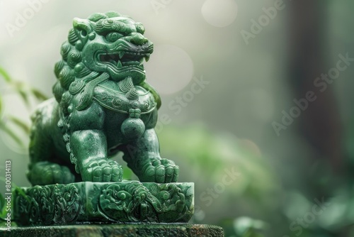 Chinese Jade Lion Statue on blur background. © darshika