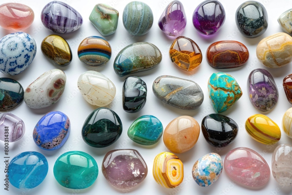 Various natural gemstones on white background amethyst lapis lazuli rose quartz and more. Various natural gemstones on white background amethyst lapis lazuli rose quartz and more.