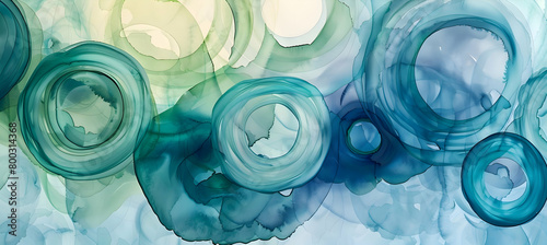 Fluid circles in pastel blue and green, mimicking watercolor textures, captured in an elongated aspect ratio for a panoramic view photo