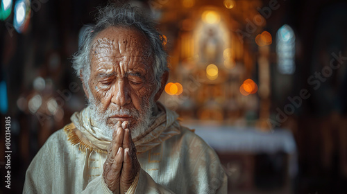 close up of priest praying in church, faith in jesus christ, religious photo