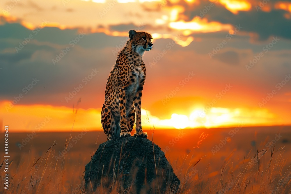 A lone cheetah surveying the savannah from atop a termite mound at dusk