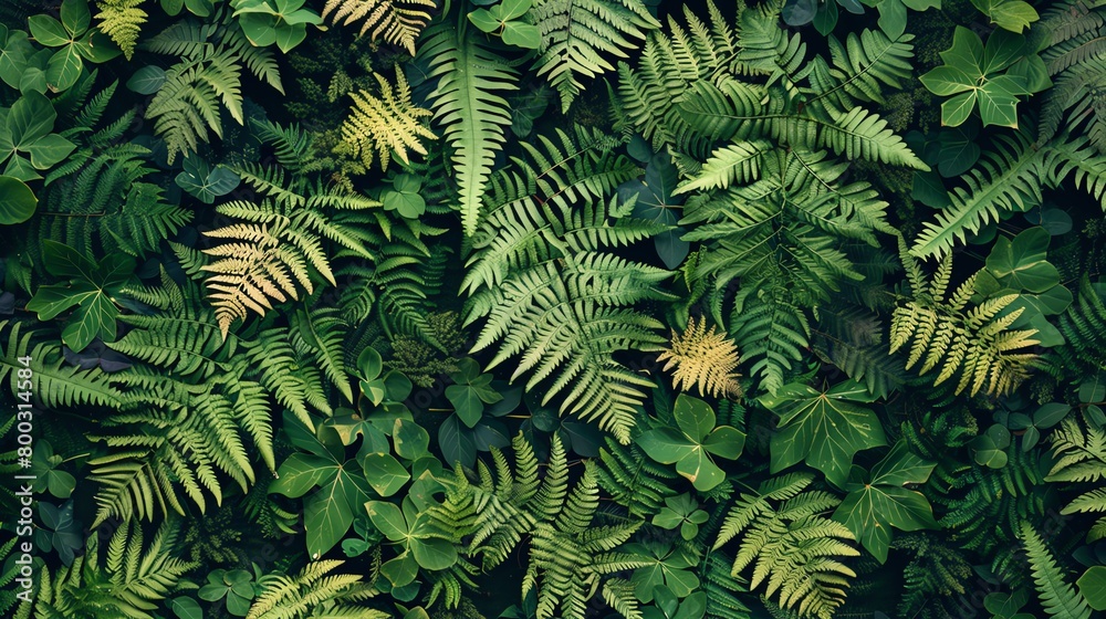 Ferns and forest foliage, seamless pattern, deep forest green background, suited for a wilderness magazine cover, topdown perspective