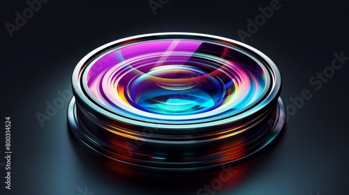 Camera lens with vivid color reflections on a grey gradient background