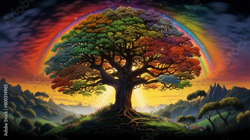 the spectacle of a majestic tree, its voluminous canopy teeming with fruits, rising against the backdrop of a velvety black sky, with a radiant rainbow adding a touch of magic to the scene. #800314965