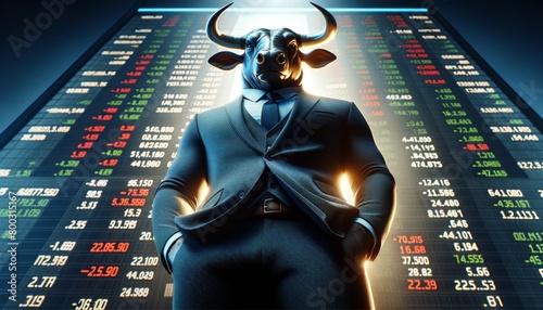 Anthropomorphic bull in a tailored suit stands confidently before an illuminated stock market data display.