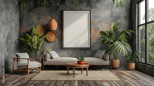 living room interior with wooden sideboard and mock up frame 3D rendering, Poster with sideboard near the wooden wall and the living room interior in beige. 