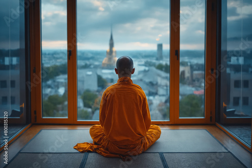 A monk in orange clothing meditates at a large window overlooking a cityscape with various buildings and structures under an overcast sky.