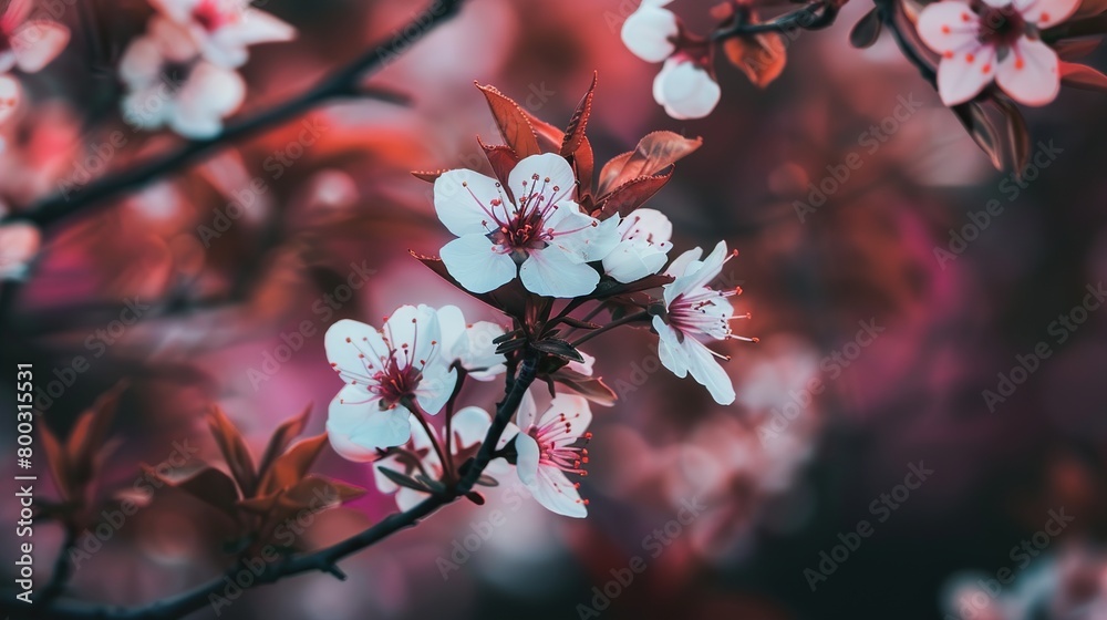 A branch of white cherry blossoms with a blurred pink background


