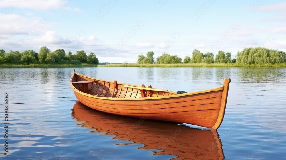 Paddle-equipped wooden boat isolated on a stark white background