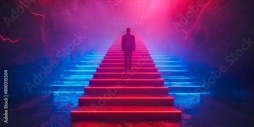 photorealistic, close of neon, blue lights streak, 3d render, rule of thirds, A Business man standing on top