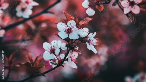 A branch of white cherry blossoms with a blurred pink background

 photo