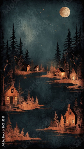 Rustic holiday scene, Vintage grunge texture in earthy copper tones, weathered and distressed, on a dark black copper paper, setting a horror-inspired mood.