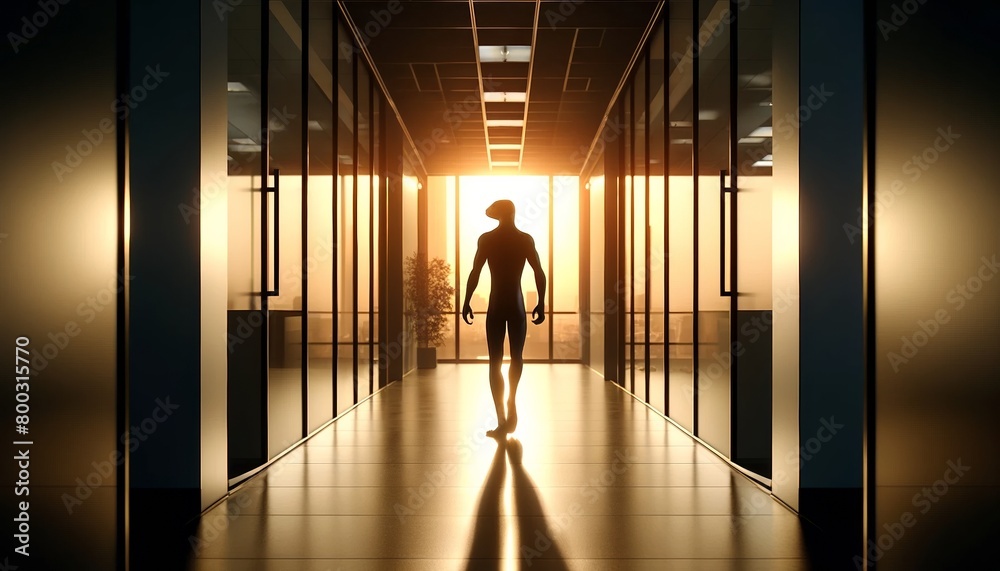 A man walking through an office hallway.