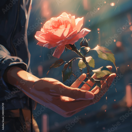 His hand reaches out, holding a single flower, a heartfelt gift for his beloved in a display of romance.anime aesthetic