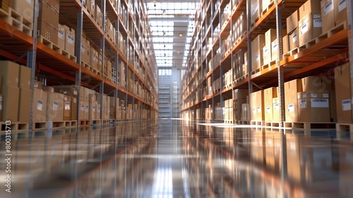 The inside of a warehouse full of logistics shelves meticulously arranged boxes with visible barcodes