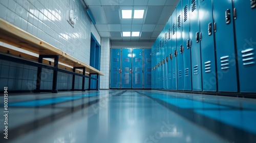 A well-lit gym interior with rows of shiny vibrant blue lockers fine details like scratches and dents visible
