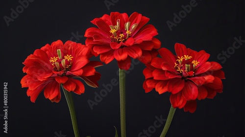 Three red zinnias are in focus against a black background.