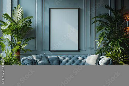 minimalist style livingroom afternoon with blue soft walls,cozy sofa, blue green plantswith Interior Mockup with one white photo frame in the background photo