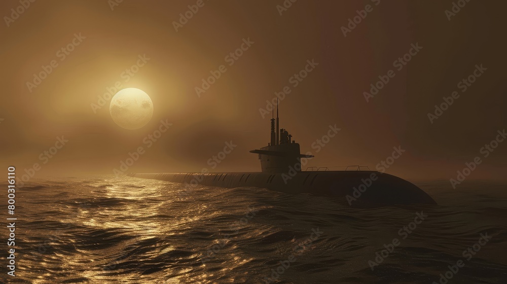 Submarine emerging at sunset, with the sun casting a golden hue over the ocean