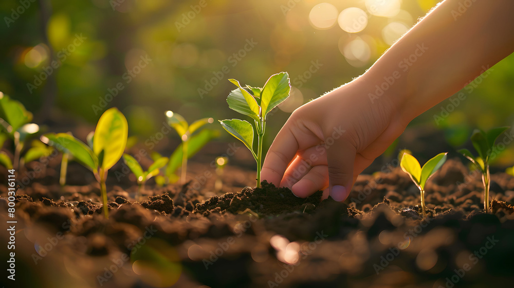 Fototapeta premium Closeup of hands planting a young tree in soil outdoors concept for the environment and world earth day background
