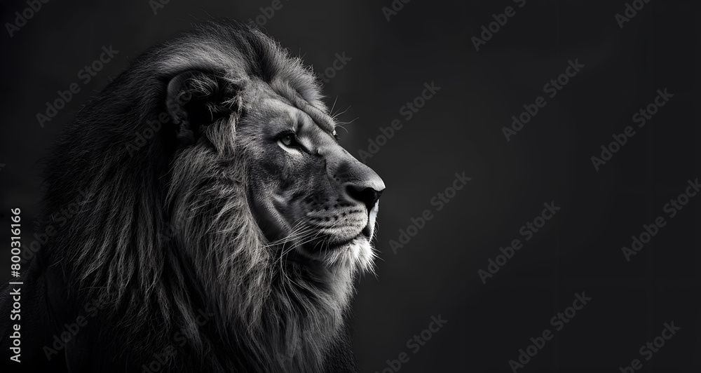 Black and white photography of a majestic lion with a dark background