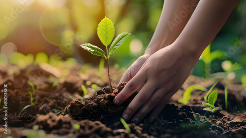 Closeup of hands planting a young tree in soil outdoors concept for the environment and world earth day background