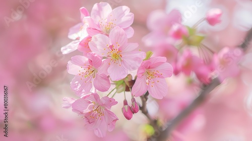 A close-up of a branch of cherry blossoms. The delicate pink and white flowers are in full bloom against a blurry background of pale pink blossoms.  