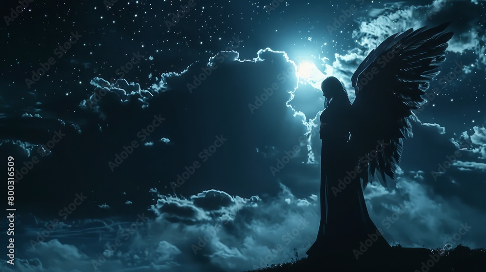 Fototapeta premium Majestic winged figure against a starlit sky offering a serene celestial scene