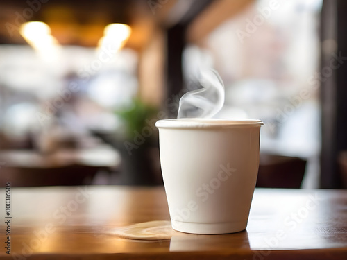 White Coffee cup with cough and blurred cafe background