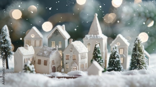 Miniature Christmas village with snow-covered houses and trees under festive lights.