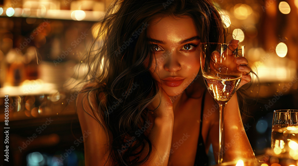 A pretty woman, brunette with long hair, drinking a glass of champagne in a bar while waiting for a man A pretty woman, brunette with long hair, drinking a glass of champagne in a bar while waiting for a man