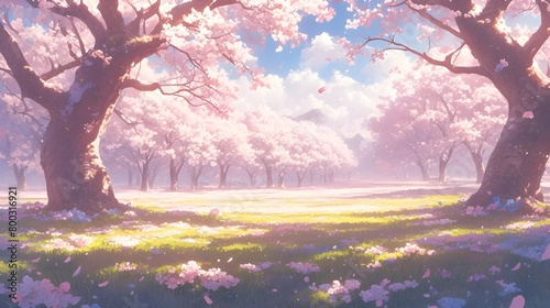 Enchanting Cherry Blossom Grove in Full Delicate Bloom with Lush Meadow Serene Landscape and Dreamy Sunlight description This image captures the photo