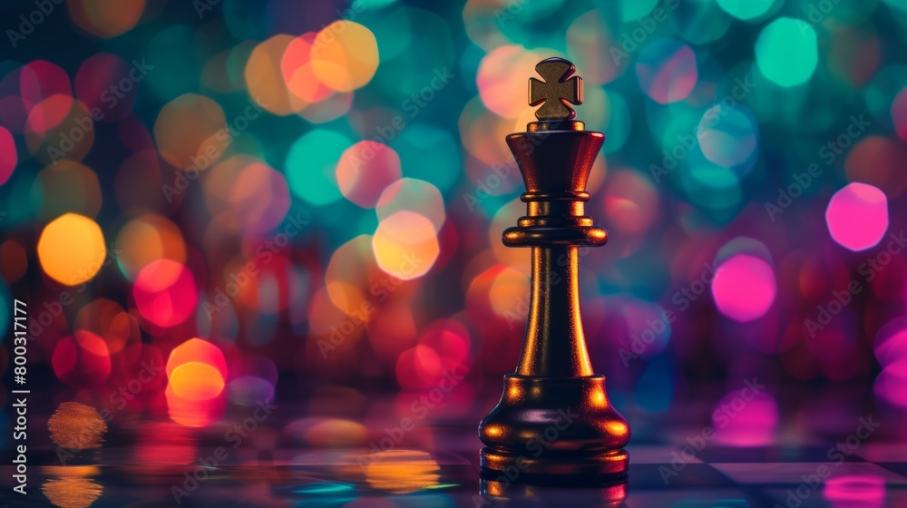 Black king chess piece on a board with colorful bokeh background