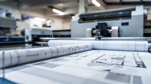 a professional large format plotter in an engineering office actively printing detailed architectural blueprints