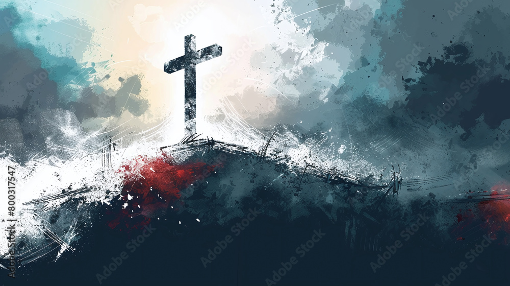 Naklejka premium oil painting style illustration of a christian cross on the top of a hill, faith in jesus, space for text, blue color palette