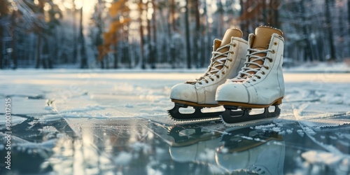 A pair of white vintage ice skates tied together, resting on a frozen lake with a forest background in winter.