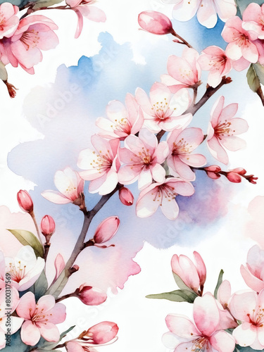 Soft and airy watercolor illustration of cherry blossoms  hand-drawn with a gentle and fluffy touch.