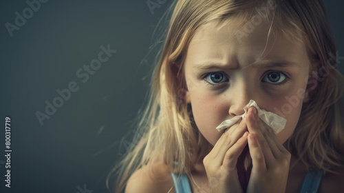 A worried young girl with blonde hair using a tissue to blow her nose, concept of illness or allergy.