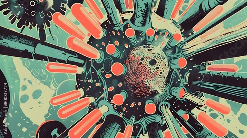Retrofuturistic Molecular Warfare Poster with Bacillus Endospore at the Center of a Technological Conflict Between Antibiotics and Superbugs photo