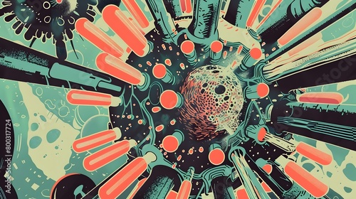 Retrofuturistic Molecular Warfare Poster with Bacillus Endospore at the Center of a Technological Conflict Between Antibiotics and Superbugs