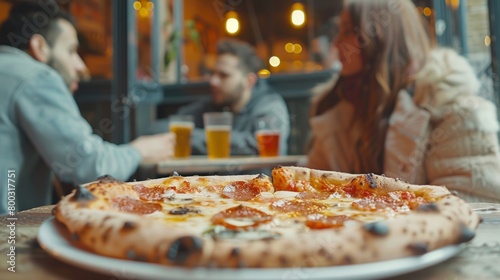 Hot pepperoni pizza on a table with blurred background of people enjoying drinks in a warm, inviting restaurant.
