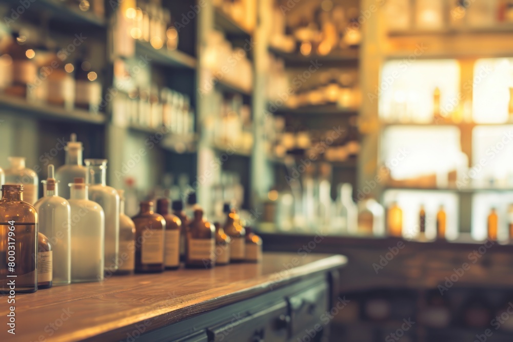Blurry image of vintage pharmacy lab for background use.
