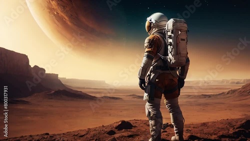 Astronaut in space suit on distant planet with arid climate and harsh environment, generative AI photo