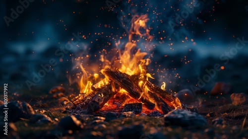 Burning wood at night. Campfire at touristic camp at nature in mountains. Flame and fire sparks on dark abstract background. Cooking barbecue outdoor. Hellish fire element.  photo
