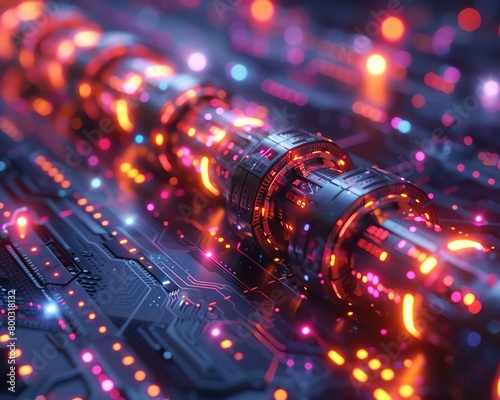 An intricate glowing circuit board with a central processing unit surrounded by colorful lights.