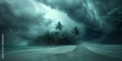 Storm clouds loom over a serene tropical beach, with windswept palm trees bending to the might of an impending monsoon, heavy clouds hanging low, casting a somber tone over the deserted beaches.