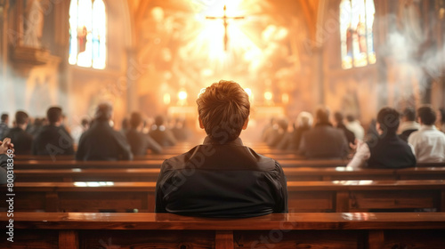 rear view of man sitting on church bank praying, christian cross lighting, faith in Jesus Christ the Lord