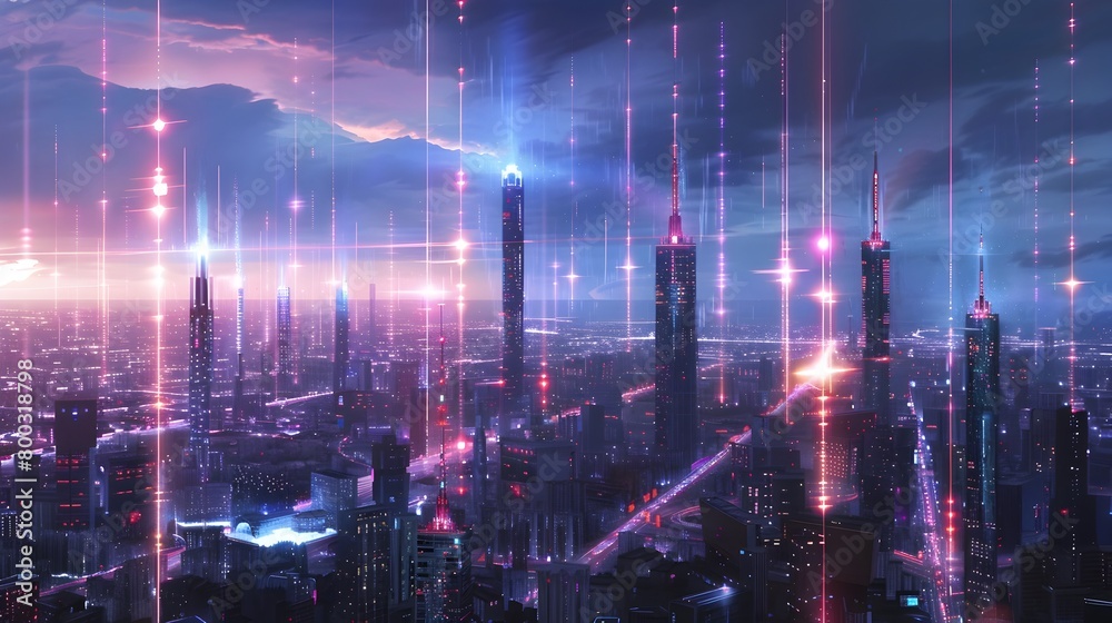 Fototapeta premium Futuristic Cityscape Glowing with Radiant Energy Waves,Showcasing the Pulse of Emerging Telecom